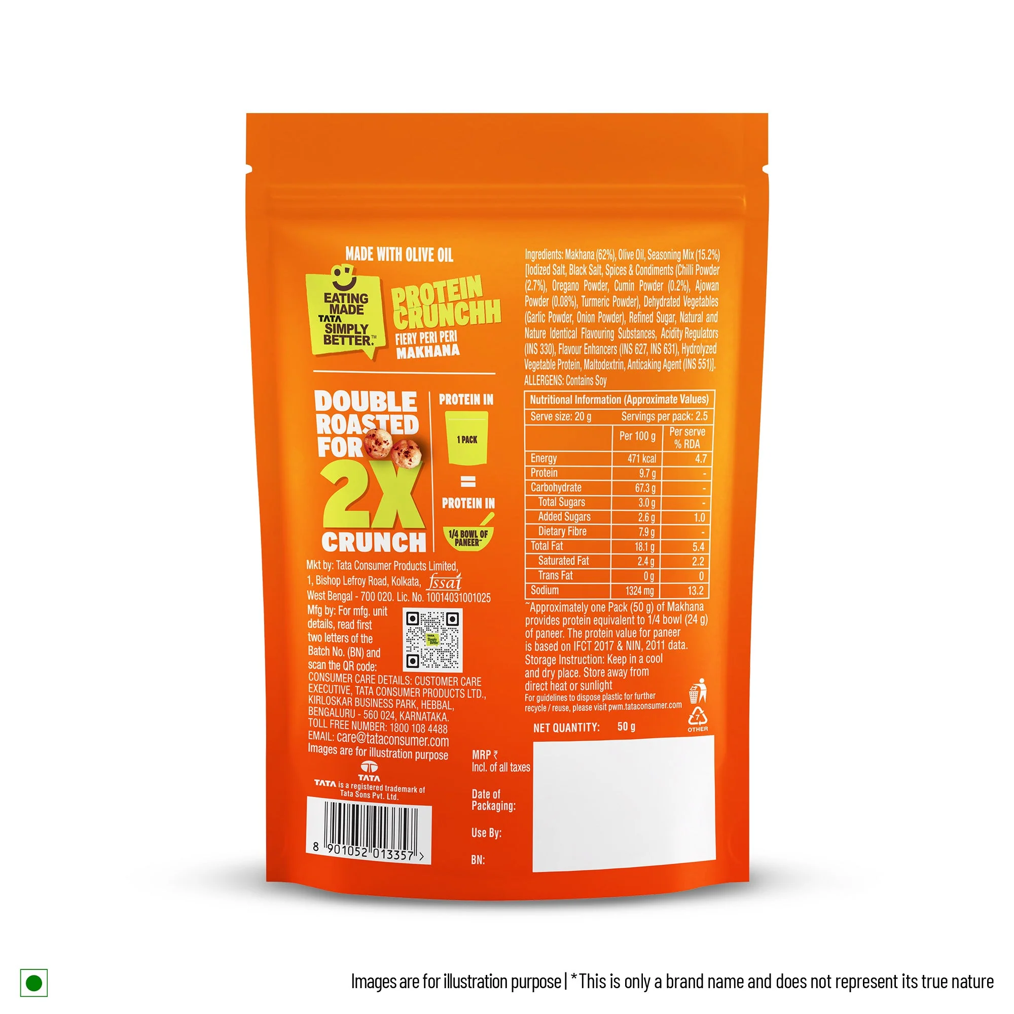 Tata Simply Better Peri Peri Makhana - Pack of 4 ( 50 x 4 ) - 200g Double Roasted for 2X Crunch, With No Palm Oil & Artificial Flavours, Dry Fruits & Nuts Based Snack, Made with Olive Oil - Image 3