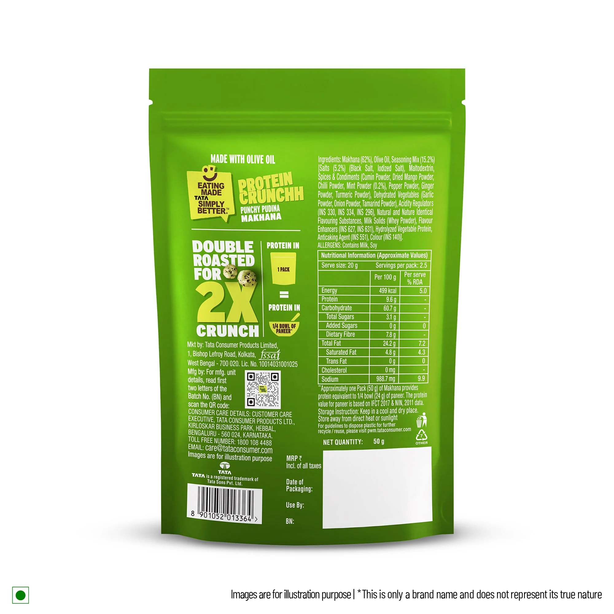 Tata Simply Better Punchy Pudina Flavoured Makhana - Pack of 4 200g (50 x 4) Double Roasted for 2X Crunch, With No Palm Oil & Artificial Flavours, Dry Fruits & Nuts Based Snack, Made with Olive Oil - Image 3